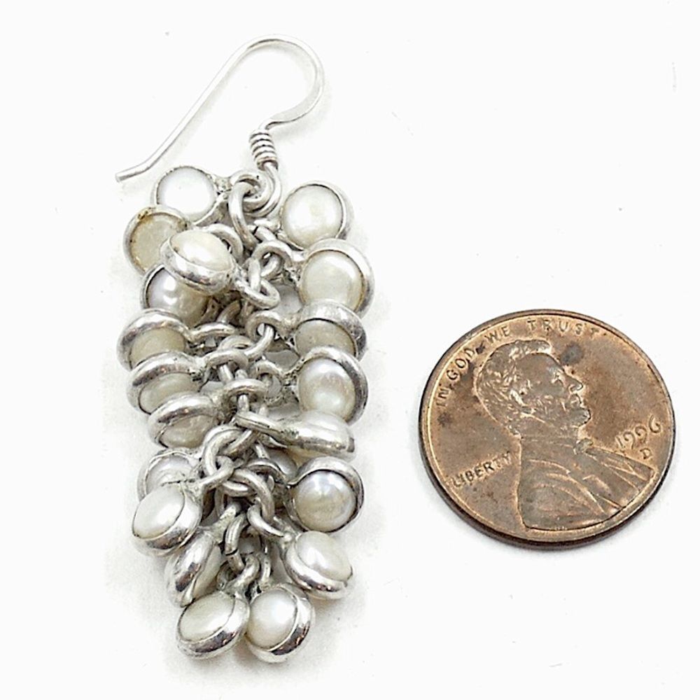 Vintage Sterling Silver Pearl Drop Dangle Cluster Earrings - Picture 4 of 5